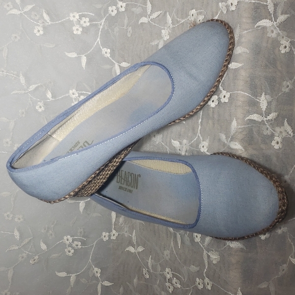 Beacon Shoes - Vintage espadrilles  baby blue canvas and braided wedge,women's size 7.